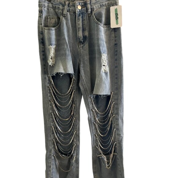 Kiwi Straight Fit Cut Out Rhinestone Rebel Bling Jeans Size Small New with Tags - Picture 13 of 16